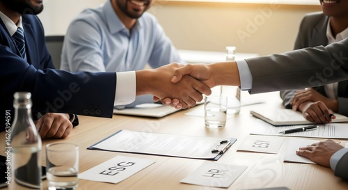 Business professionals shaking hands during a meeting in an office setting while discussing key topics at a conference table