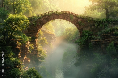Scenic Bridge Over Serene River in Lush Green Forest Setting