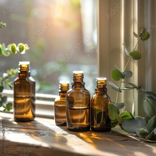Elegant Glass Bottles on Windowsill with Sunlight and Greenery