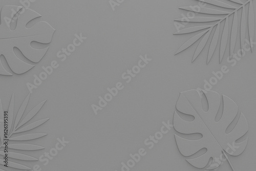 Grey paper-cut tropical leaves arranged in a soft frame pattern over a light grey background with empty central space.