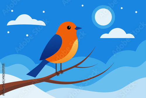 bird sitting on snowy branch in bright early morning