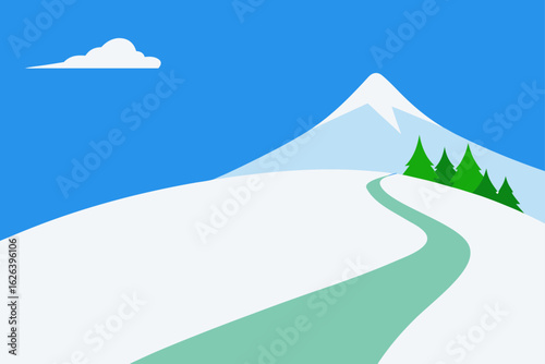 empty ski trail with fresh snow and clear blue sky