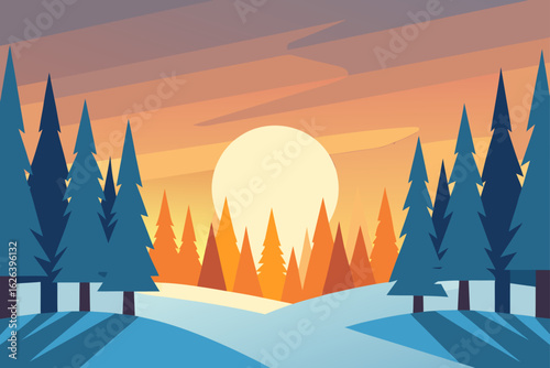 forest clearing lit by golden sunrise through snow