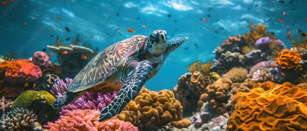 Fototapeta premium Majestic Sea Turtle Swimming Above Vibrant Coral Reef Ecosystem