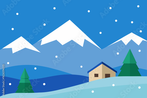 gentle snowfall over distant snowy alpine chalet