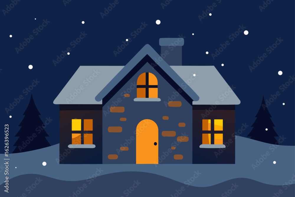 Naklejka premium old stone house in heavy snow with warm interior