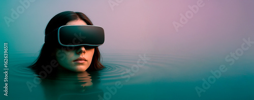 A woman with virtual reality headset floats still in teal water, staring ahead in total silence as the background shifts to purple gradient haze.