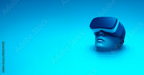 A surreal blue-toned scene of a human head wearing VR goggles, half-submerged in liquid, evoking a calm immersion in virtual reality.