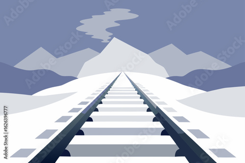 snow covered railway tracks vanishing in fog