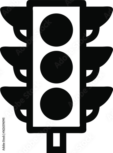 a traffic light with three circular lights and wings silhouette  
