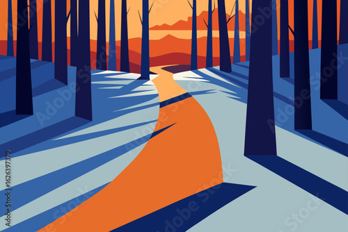 winter forest path with low sun casting long shadows