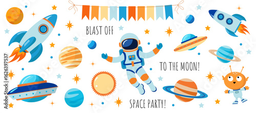 a large set of cute space elements. Decor for a party. Planets, stars, rockets, an alien and an astronaut. Simple vector illustration