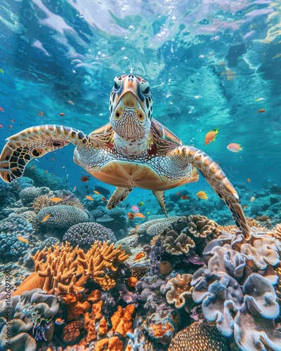 Graceful Sea Turtle Swimming Above Vibrant Coral Reef in Ocean