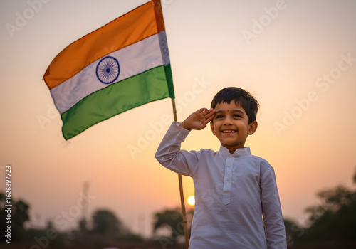 Young Boy Saluting Indian Flag at Sunset | Patriotic Indian Child Celebrating Independence Day, Republic Day