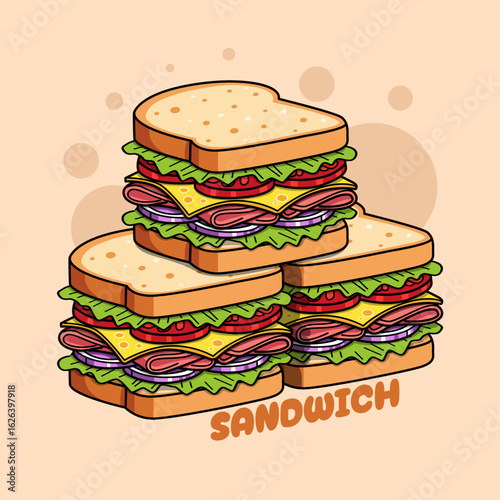 National Sandwich Day to celebrate on November 3rd. Illustration of three delicious sandwiches on a beige background. Food event banner.