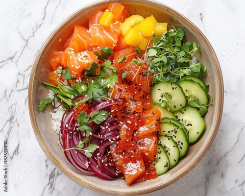 Colorful Poke Bowl with Fresh Vegetables and Salmon Slices