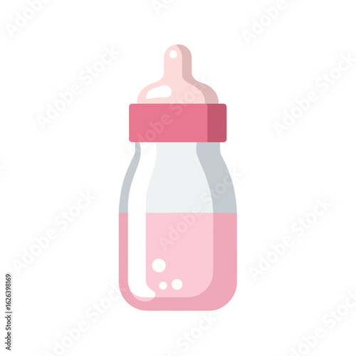 Baby bottle filled with pink liquid placed on a simple white background
