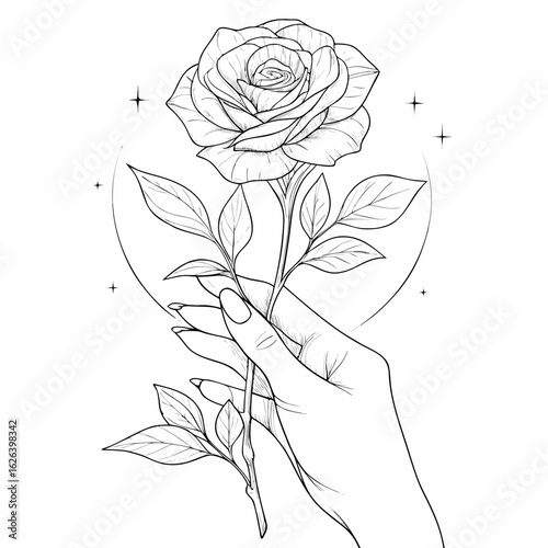 Elegant hand holding a delicate rose with celestial moon and stars in a minimalist line art style