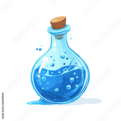 Blue potion in a glass bottle with cork stopper resting on a surface with bubbles visible inside