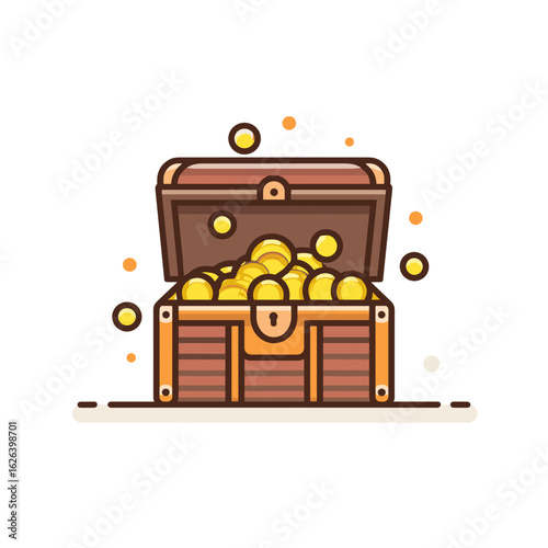 Treasure chest overflowing with gold coins in a whimsical, cartoon style illustration