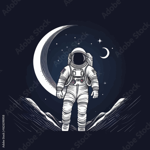 Astronaut Standing on a Lunar Surface with a Crescent Moon and Stars