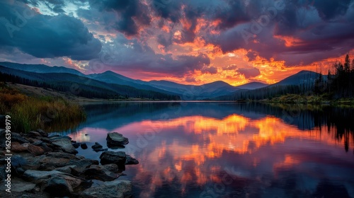 Sunset sky reflecting in a serene lake with mountains and trees in the background. Use this image to add beauty and nature to your travel and outdoor designs.