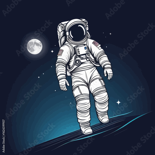 Astronaut Walking on Lunar Surface Under Full Moon
