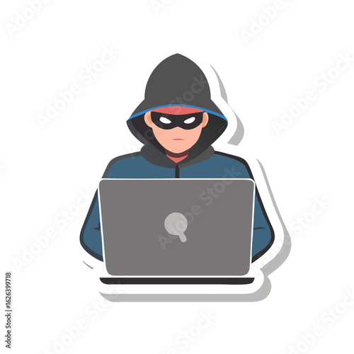 Computer hacker with laptop icon sticker isolated on gray background