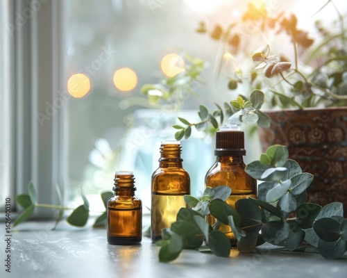 Calm and Serene Display of Essential Oil Bottles with Greenery