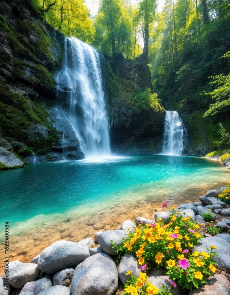 Fototapeta premium A vivid waterfall cascades into a turquoise pool surrounded by lush greenery, river stones, and blooming wildflowers in bright sunlight – AI Generated Digital Art