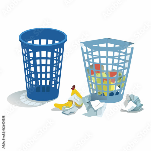 Two blue mesh waste baskets one empty and one filled with trash and debris