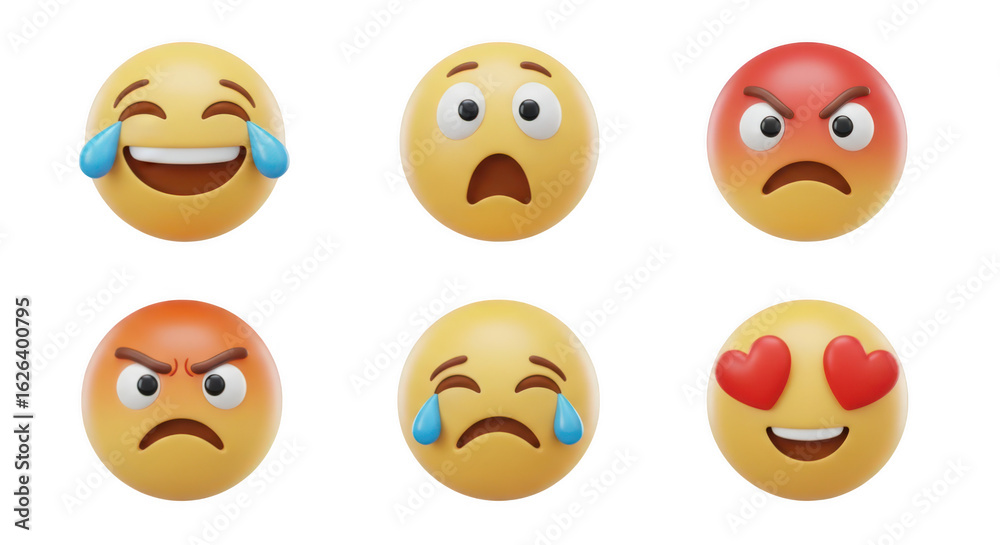 Fototapeta premium Six expressive emoji faces isolated on transparent background
