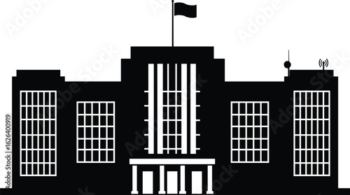 Black silhouette of modern government building, architecture icon with flag, public structure design, office vector, educational or city landmark