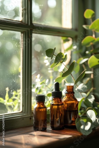 Amber Glass Bottles with Droppers on a Wooden Windowsill
