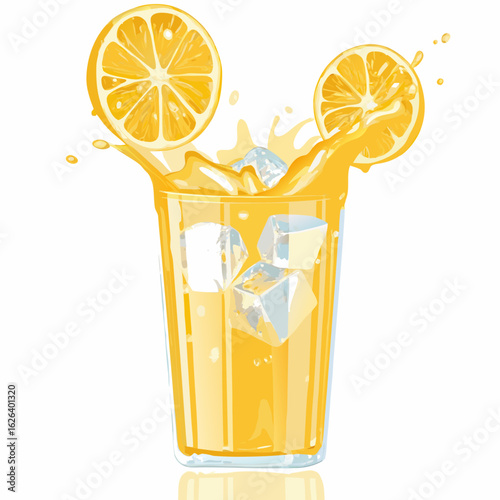 Refreshing orange juice splash with ice cubes and citrus slices in a tall glass