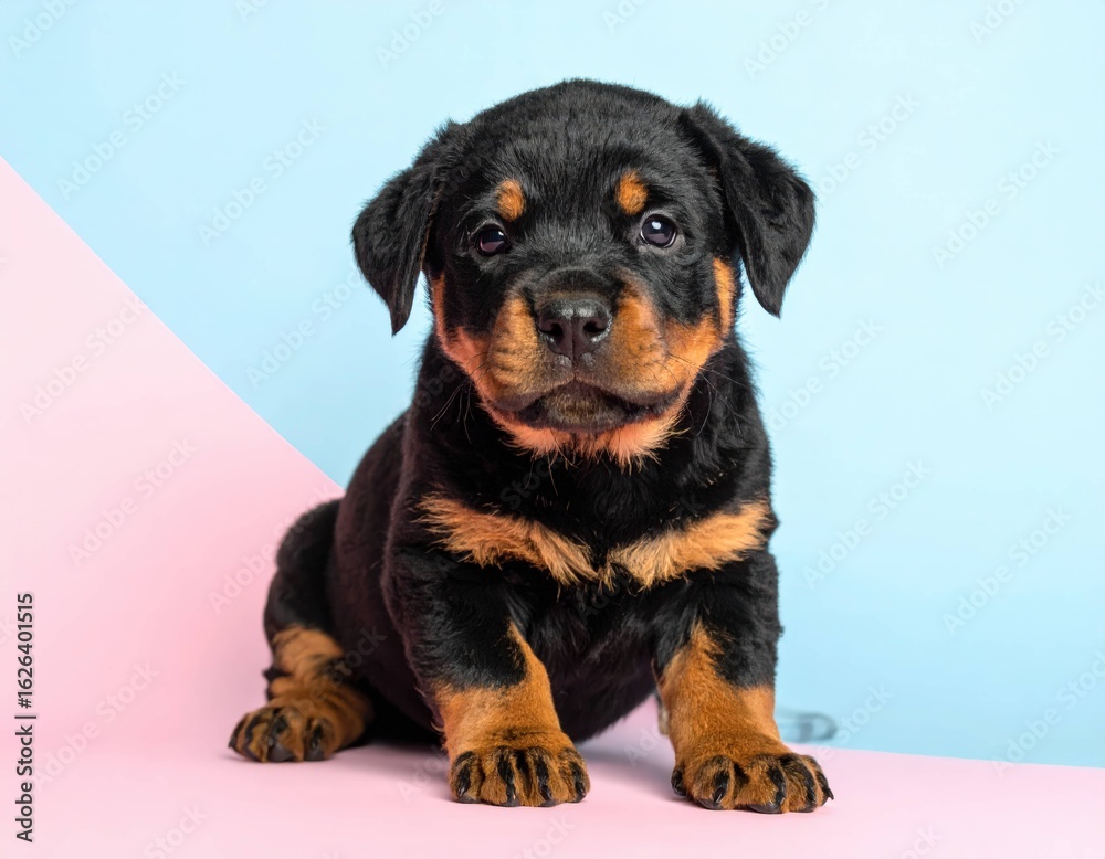 Fototapeta premium Cachorro de Rottweiler Adorable con Flores y Fondos Pastel, Generated image