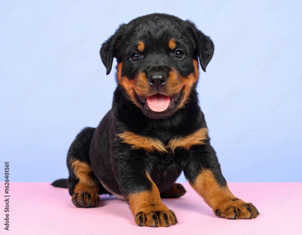 Fototapeta premium Adorable Rottweiler Puppy with Blossoms and Pastel Backgrounds, Generated image