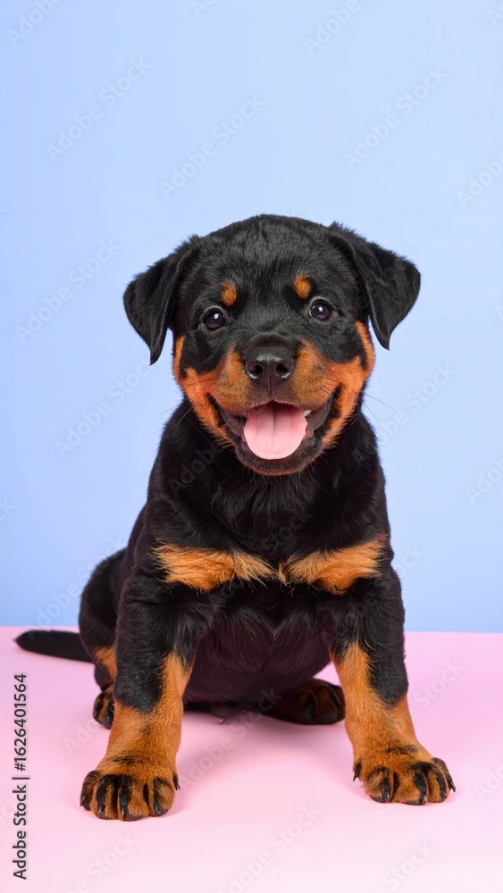 Fototapeta premium Adorable Rottweiler Puppy with Blossoms and Pastel Backgrounds, Generated image