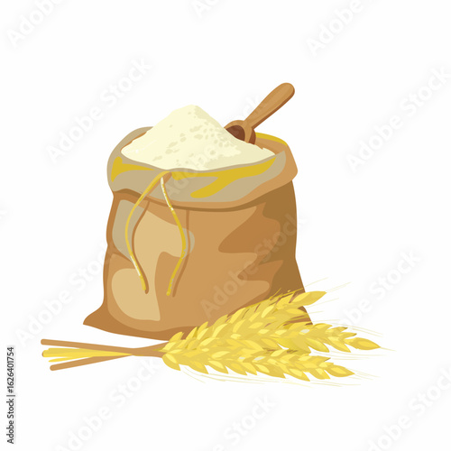 A burlap sack filled with flour and a wooden scoop next to wheat stalks