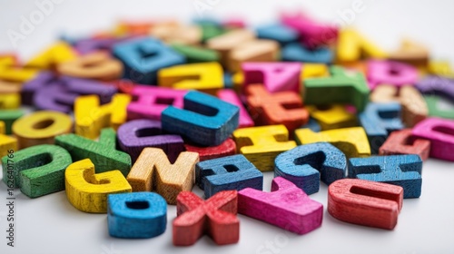 A vibrant, close-up shot of jumble of colorful wooden alphabet letters on white background. This image is perfect for themes of childhood learning, early education, spelling, creativity, development