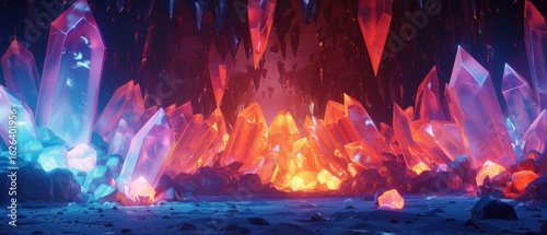 Vibrant Crystal Cave with Glowing Illuminations and Reflective Surfaces