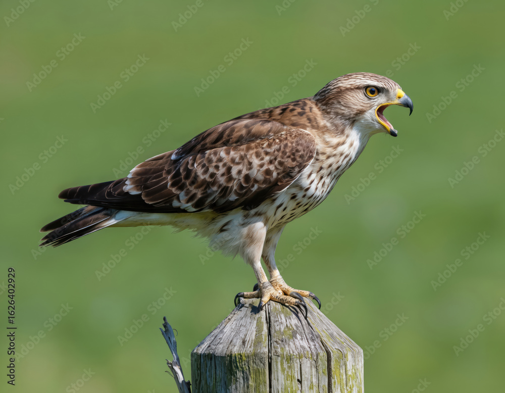 Fototapeta premium Brown hawk with white underbelly and yellow eyes perches on wooden fence post. Wings slightly spread, elevated position for observation. Green field blurred background for avian spectacle.