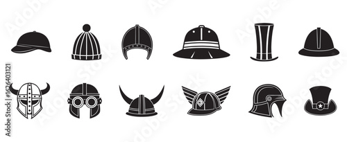 A graphic set of diverse headwear icons, including historical helmets and modern hats