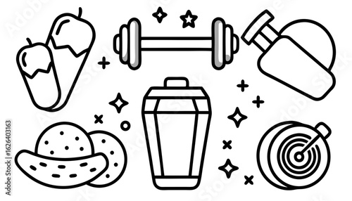 Weight training, yoga, pilates stickers set. Dumbbells, protein supplements, kettlebell, jump rope and other fitness elements. Modern cartoon concept. Vector illustration.        