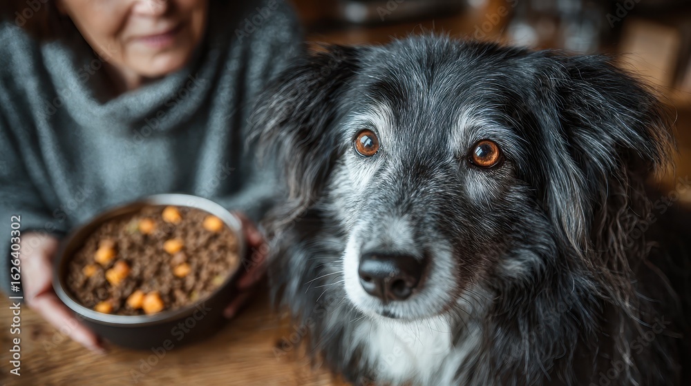 Fototapeta premium A woman holds a bowl of food to a furry dog with soulful amber eyes. Showcase pet care products, healthy dog food, or senior pet health.