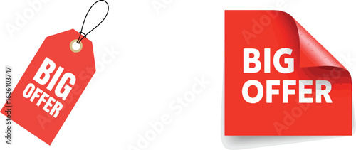 Set of red "Big Offer" promotional tags and stickers for retail sales and advertising.