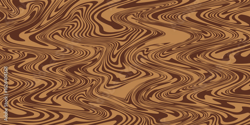 Abstract brown psychedelic waves print background. 1970s trippy seamless pattern. Marble acrylic swirl pattern. Coffee or chocolate liquid texture.