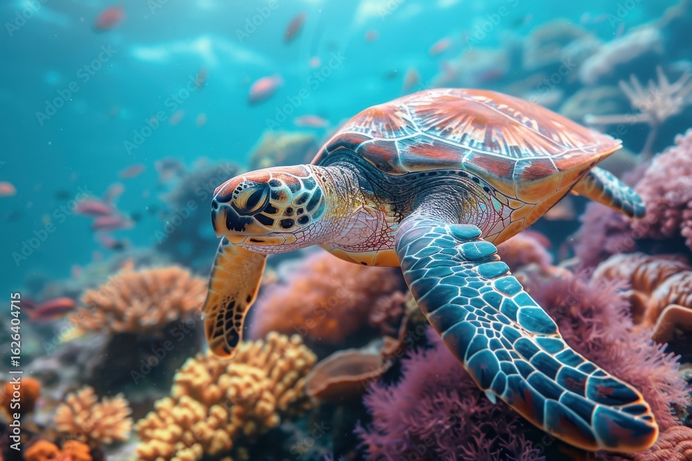 Fototapeta premium Colorful Sea Turtle Swimming Through Vibrant Coral Reef Ecosystem