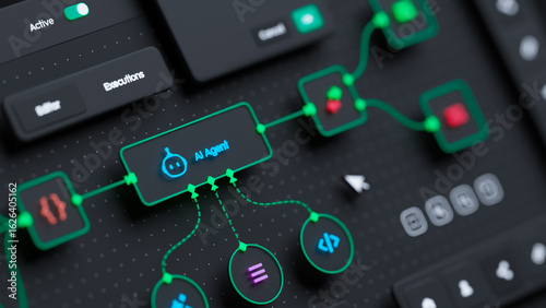 AI workflow automation artificial intelligence software interface nodes triggers data tool dashboard coding icon flow process technology 3d rendering.