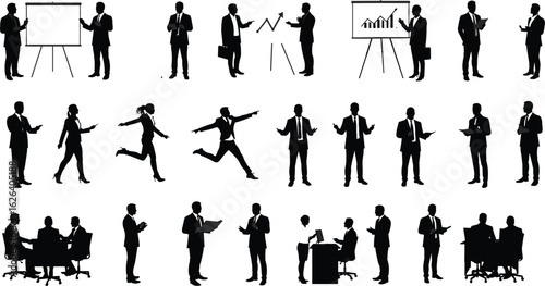 Business silhouettes of professionals presenting charts, discussing data, teamwork, reading reports, running, working at desks, corporate meeting collaboration scene